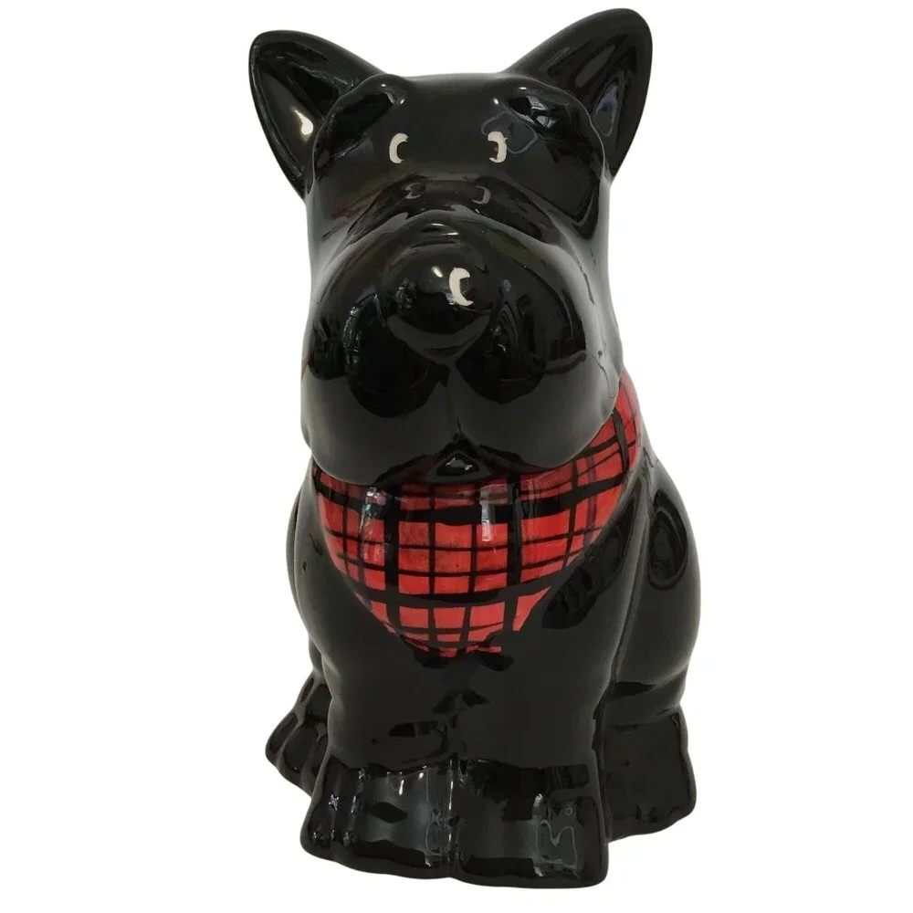 VTG MISR Japan Scottie Dog Cookie Jar Black Ceramic Red Plaid Scarf Treat Jar